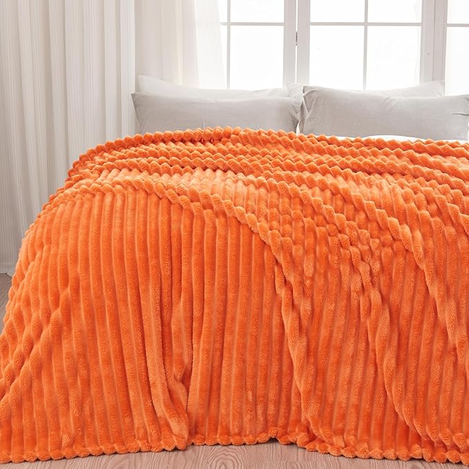 NEWCOSPLAY Super Soft Fall Queen Blanket Orange Premium Silky Flannel Fleece 3D Ribbed Jacquard Lightweight Bed Blanket All Season Use (Orange Ribbed, Queen(90"x90"))-Ruum Studio Home