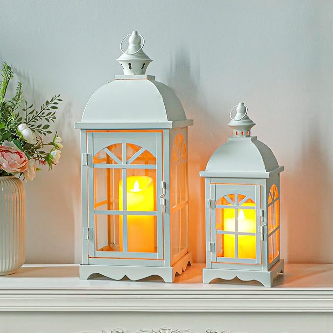 TRIROCKS Set of 2 Decorative Vintage Candle Lanterns 14.5"&20" H Farmhouse Outdoor Hanging Lanterns with Tempered Glass for Porch, Balcony, Patio, Home, Centerpieces, Indoor, Outdoor(White)-Ruum Studio Home