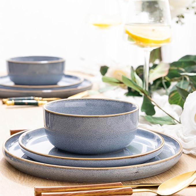 GBHOME Ceramic Dinnerware Sets for 4, 12 Pieces Stoneware Plates and Bowls Sets, Scratch Resistant Dishe Set for Dinner, Dishwasher & Microwave Safe, Brunnera Blue-Ruum Studio Home