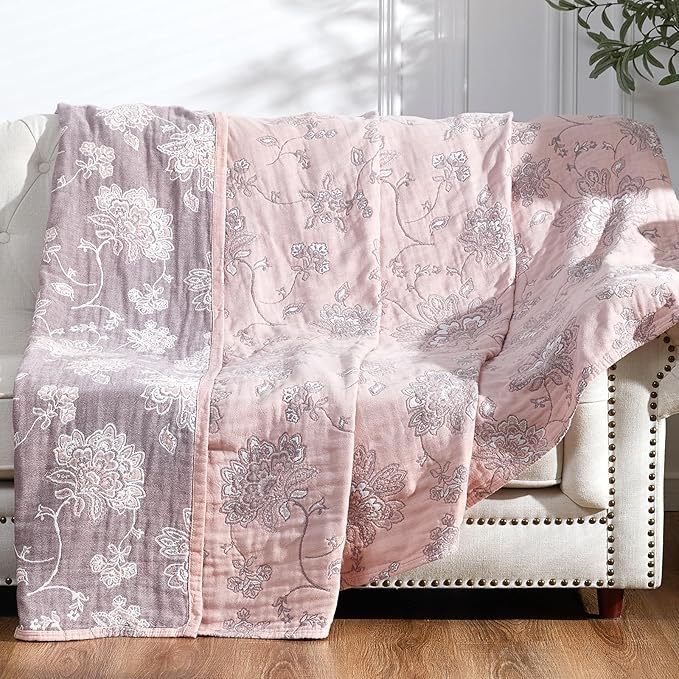 jinchan Boho 100% Cotton Muslin Twin Size 50x60 Inches Blanket Lightweight 4-Layer Quilted Soft Pink Red Floral Throw Blanket Reversible Comfy Flower Breathable All Seasons Couch Bedroom Decor-Ruum Studio Home