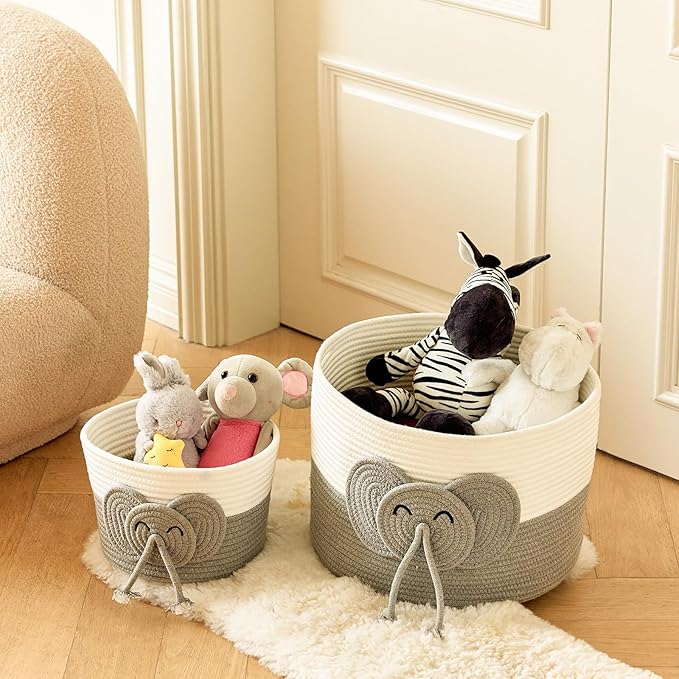 Large Baby Cute Storage Basket for Organizing -Elephant White & Grey 15""x15""x11"", 2024282319065-Ruum Studio Home