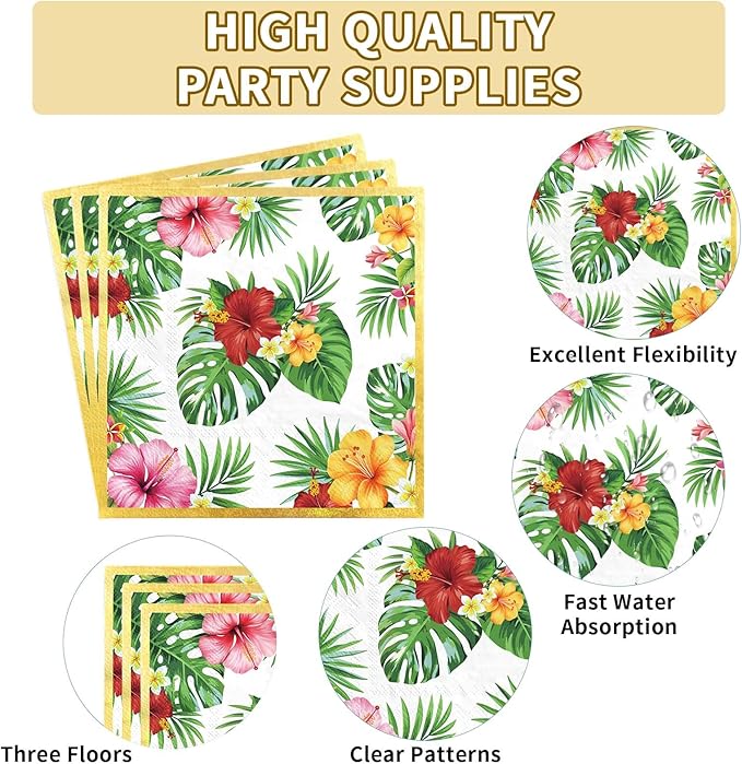 Grencian 200Pcs Hawaiian Luau Party Decorations Aloha Tropical Hibiscus Floral Luau Plates and Napkins Palm Leaf Tableware Sets for Summer Holiday Hawaiian Birthday Dinner Party Supplies Serves 50-Ruum Studio Home