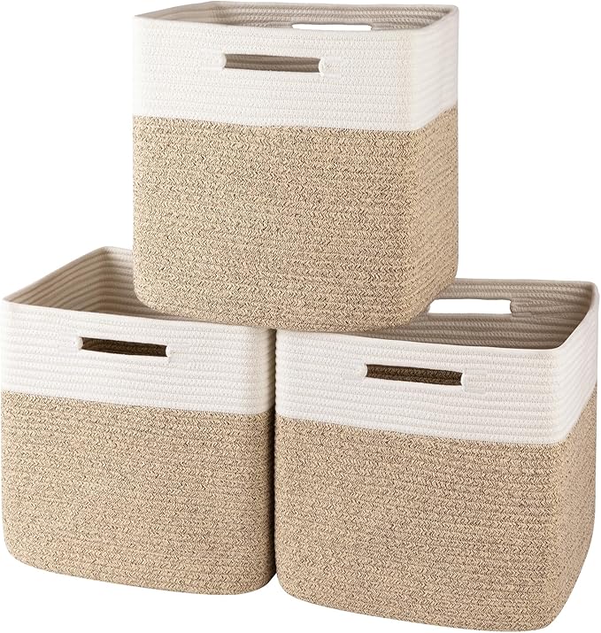 OIAHOMY 13 Kallax Inch Cube Storage Bins, 3-Pack Cotton Rope Woven Baskets for Organizing, Kallax Insert Storage Baskets for Shelves, Baby Nursery, Closet Organizer, 13*13*12.6IN, Brown & White-Ruum Studio Home