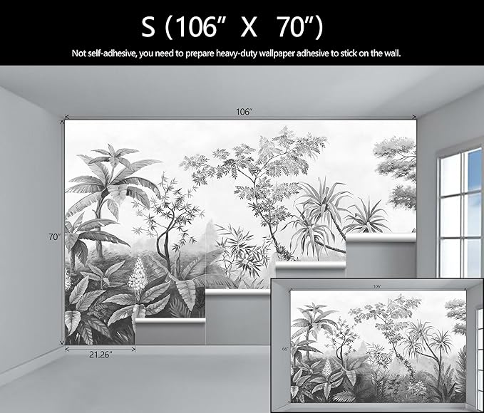 Gray Tropical Rainforest Botanical Wallpaper Bedroom Hand-Painted Oil Painting Jungle Plant Wall Mural Living Room (Not Peel and Stick)-Ruum Studio Home
