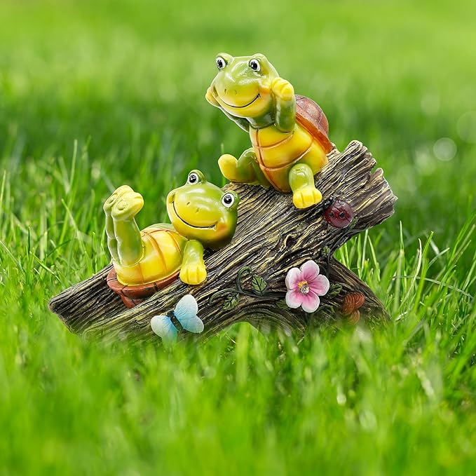 Garden Turtle Figurines Outdoor Decorations, Solar Statue Sweet Frog Face Turtles Decor with 4 LED Lights, Unique Garden Art Resin Statue Gifts for Patio Lawn Porch Yard-Ruum Studio Home