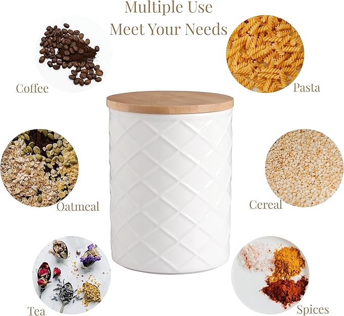 Sweejar Ceramic Canisters Sets for Kitchen Countertop, Relief Food Storage Jar with Bamboo Lid, Stackable Container for Flour, Coffee, Pasta, Cereal, Tea, Cookies, Sugar, Spices, Pack of 4 (White)-Ruum Studio Home