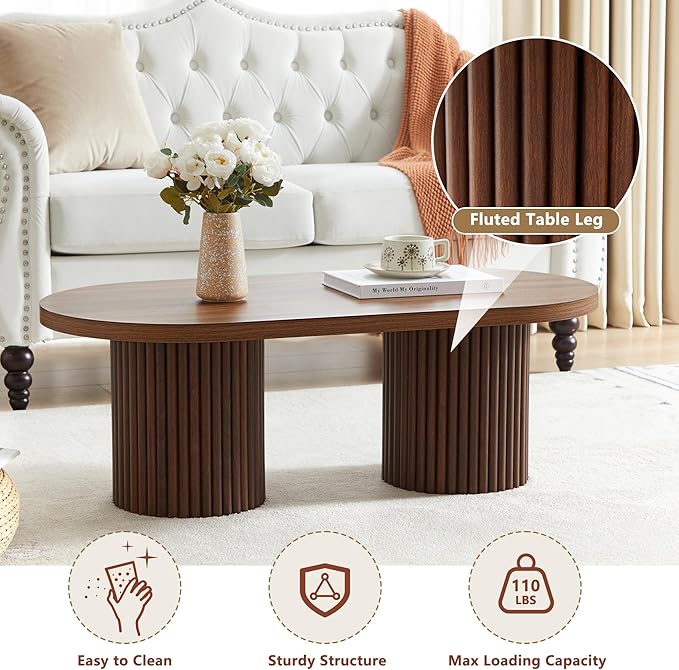 Oval Fluted Coffee Table, Farmhouse Wood Coffee Table Mid Century Modern Center Table Boho Living Room Tables for Living Room Office (Walnut, 19.69" D x 39.38" W x 13.78" H)-Ruum Studio Home