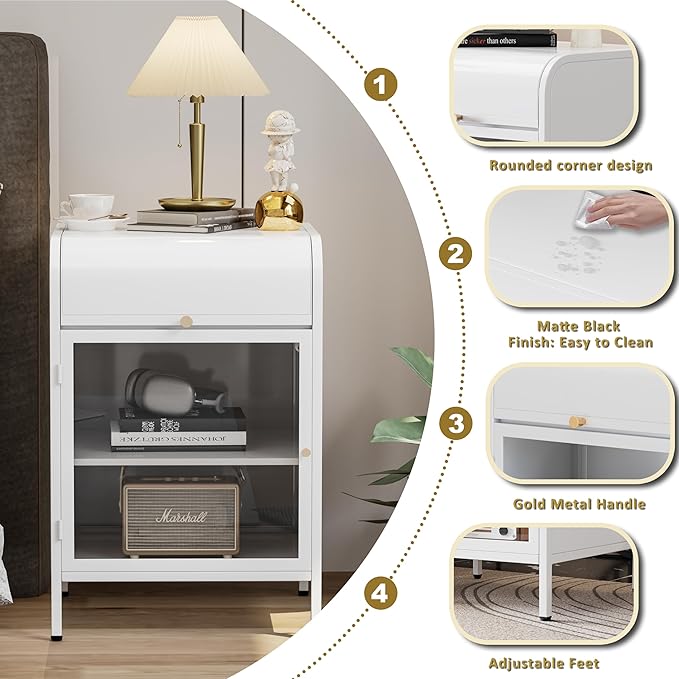 Modern Metal Side Tables Set of 2, End Tables with Glass Door, 2-Tier Nightstands with Storage Shelves, Accent Table, Slim Sofa Table for Living Room, Bedroom (White)-Ruum Studio Home