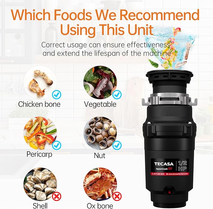 1/2 HP Garbage Disposals, TECASA Continuous Feed, Stainless Steel Food Waste Grinding System for Kitchen Sink Food Waste, Power Cord Included, Black - HyperCrush 50-Ruum Studio Home