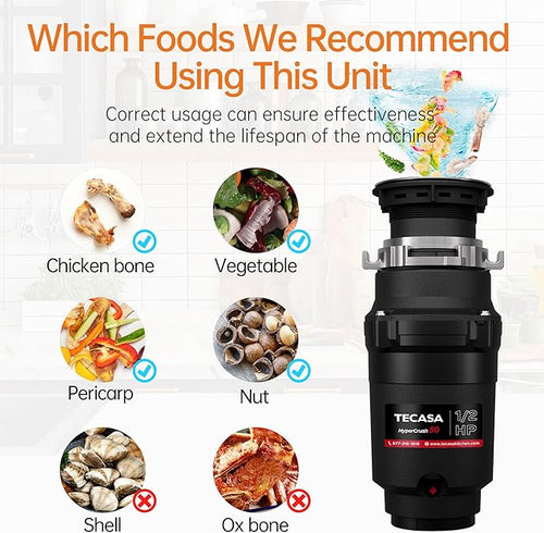 1/2 HP Garbage Disposals, TECASA Continuous Feed, Stainless Steel Food Waste Grinding System for Kitchen Sink Food Waste, Power Cord Included, Black - HyperCrush 50-Ruum Studio Home