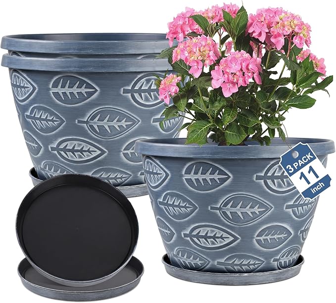 Outdoor Flower Pots for Plants Set of 3 Pack 11 Inch Planter Pot, Large Plastic Plant Pots Indoor Plants with Drainage Holes & Trays, Modern Decorative Garden Containers Sets for House(Blue)-Ruum Studio Home