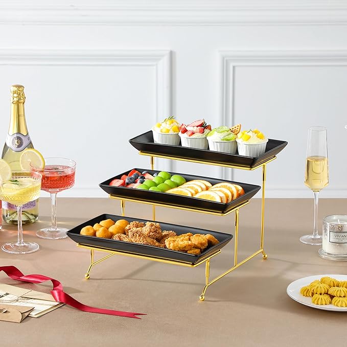 MALACASA 3 Tier Serving Trays for Party, 12 Inch Porcelain Black Trays for Serving Food, Dessert Stand with Collapsible Gold Metal Rack-Ruum Studio Home