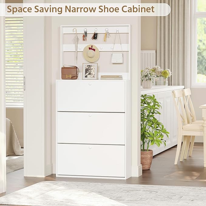 Shoe Cabinet Set of 2 with 3 Flip Drawers, Narrow Shoe Cabinet with 9 Hooks Coat Rack, Freestanding Shoes Storage Cabinets with Adjustable Shelves for Entryway, Hallway, Living Room, White-Ruum Studio Home
