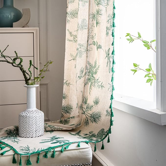 Sutuo Home Boho Curtain 84 Inches Length for Bedroom, Printed Cotton Linen Rod Pocket Semi Blackout Farmhouse Bohemian Tassels Window Treatment for Living Room, 1 Panel 59" W x 84" L, Green Forest-Ruum Studio Home