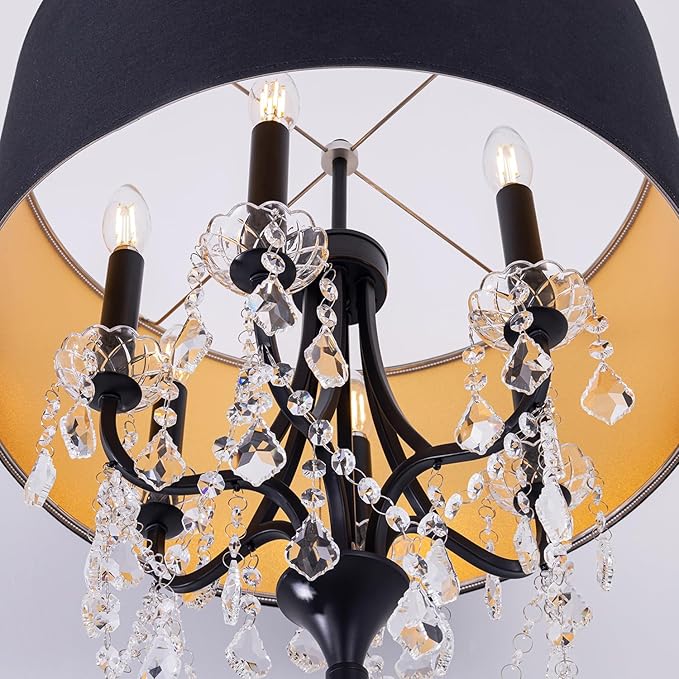 Wellmet Black Crystal Drum Shade Floor Lamp, 6 Light Black Gold Shade, Candle Base, for Living Room, Bedroom, Reading Room, Hallway, Corridor-Ruum Studio Home