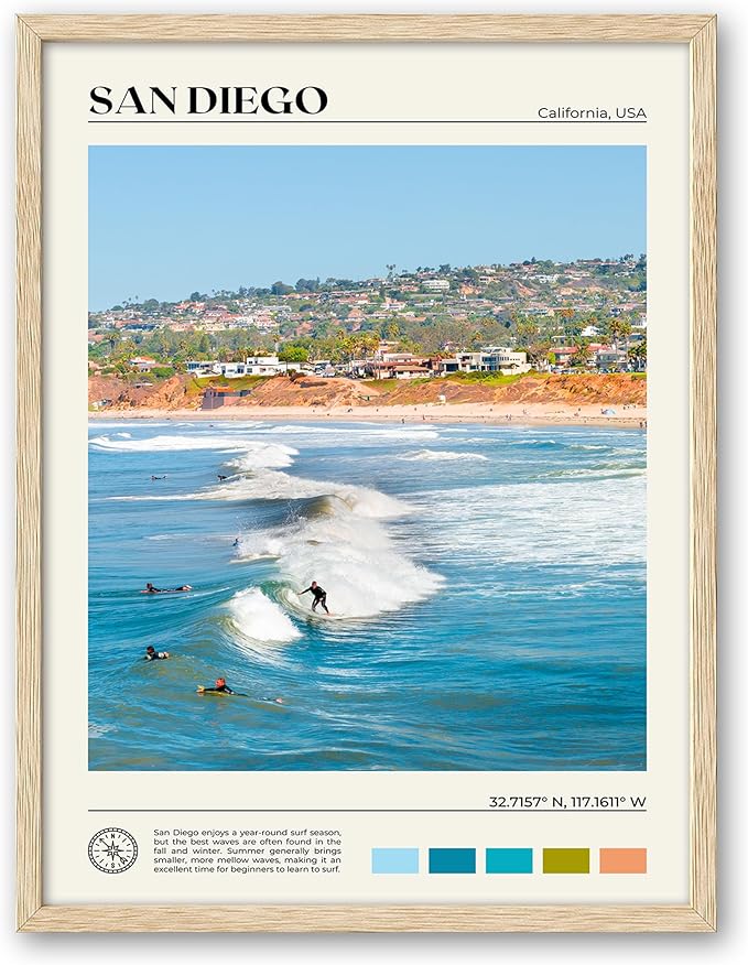 HesenDot Natural OAK Wood San Diego Surfing Framed Wall Art,12x16in Natural Seascape Canvas Wall Print,Classic Urban Landmark Wall Decor for Living Room,Bedroom,Office Gallery Gifts Set of 1-Ruum Studio Home