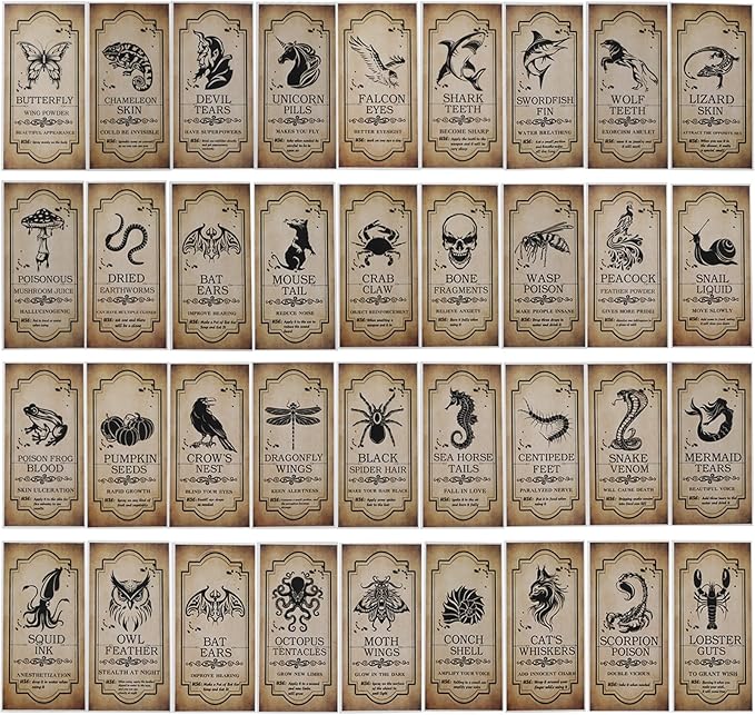 KIMOBER 144PCS Halloween Bottle Labels, Assoeted Vintage Laminated Animal Apothecary Potion Bottles Stickers for Halloween Party Supplies Photo Props-Ruum Studio Home