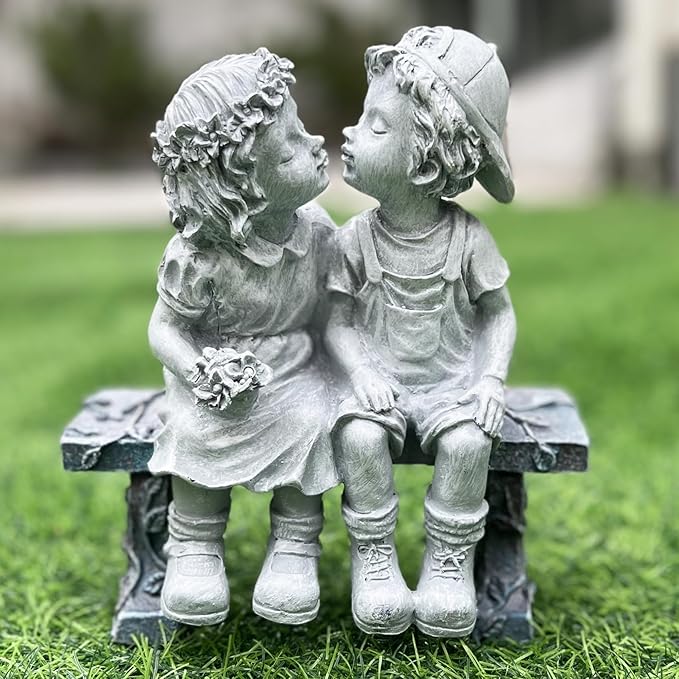 Elenon Boy and Girl Garden Statue Outdoor Decorative, Couple First Kiss Garden Sculpture for Yard Patio Art Flower Bed Decoration, 8 1/4" L x 4 3/4" W x 9" H-Ruum Studio Home