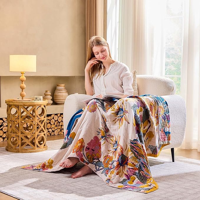 Boho Throw Blanket, 100% Cotton Ultra Soft Luxury Throw Rustic Quilt, 50"x60" Floral Bird Butterfly Farmhouse Decor Bed Blankets, All Season Rustic Reversible Bohemian Throw for Bed - Yellow-Ruum Studio Home