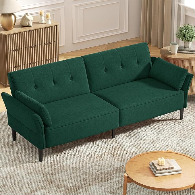 89” Futon Sofa Bed, Velvet Fabric Comfy Futon Couch Bed with 2 Square Pillows, Convertible Sleeper Sofa with Adjustable Backrest& Armrests, Modern Loveseat Sleeper for Living Room, Bedroom-Ruum Studio Home