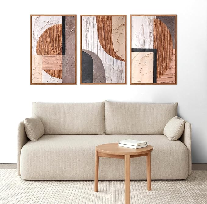 Aurlan Neutral Abstract Oval Rectangular Framed Wall Art(16"x24"), 3 PCS Minimalist Black Beige Brown Gray 3D Textured Canvas Artwork, Large Modern Geometric Illustration Art Wall Decor for Office Living Room Bedroom-Ruum Studio Home
