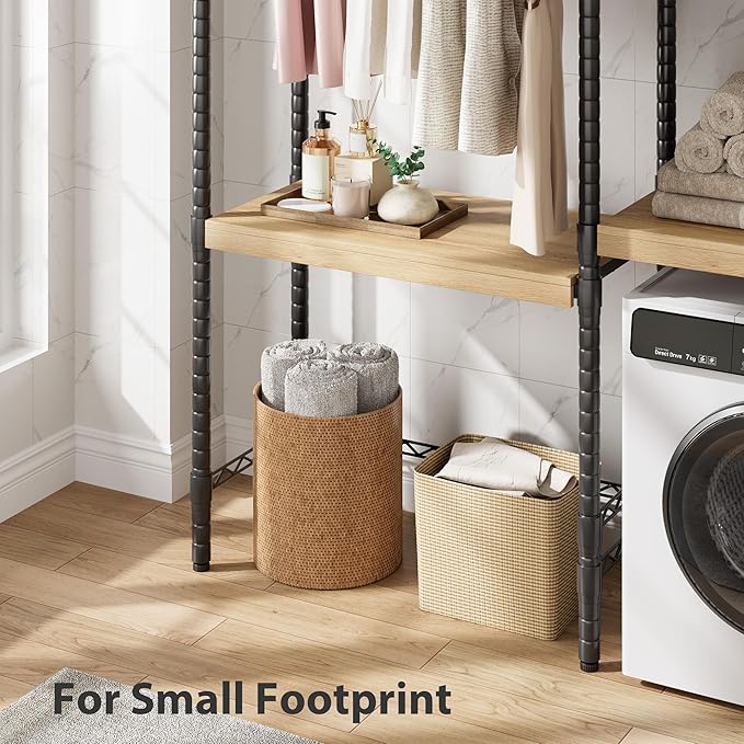 5-Tier Over-The-Washer Shelf - Adjustable 28" Laundry Organizer with 100lb Double Wood Shelves, Space-Saving Storage Unit for Small Homes (Natural & Black)-Ruum Studio Home