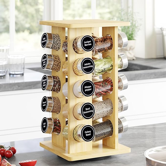 WelFurGeer Bamboo Spice Rack Organizer for Countertop, Revolving Spice Shelf with 20 Glass Jars, Lids & Labels, Desktop Rotating Seasoning Organizer for Kitchens, Space-Saving Design-Ruum Studio Home