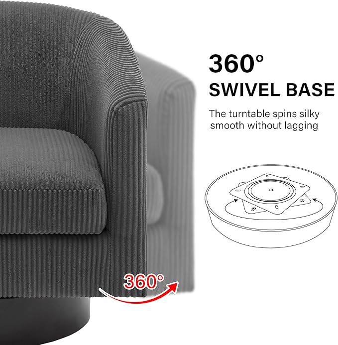 Swivel Barrel Accent Chair, Modern Round Corduroy Fabric Arm Chair for Living Room, Bedroom, Comfy Club Reading Chairs for Adults (Corduroy Grey, Set of 2)-Ruum Studio Home