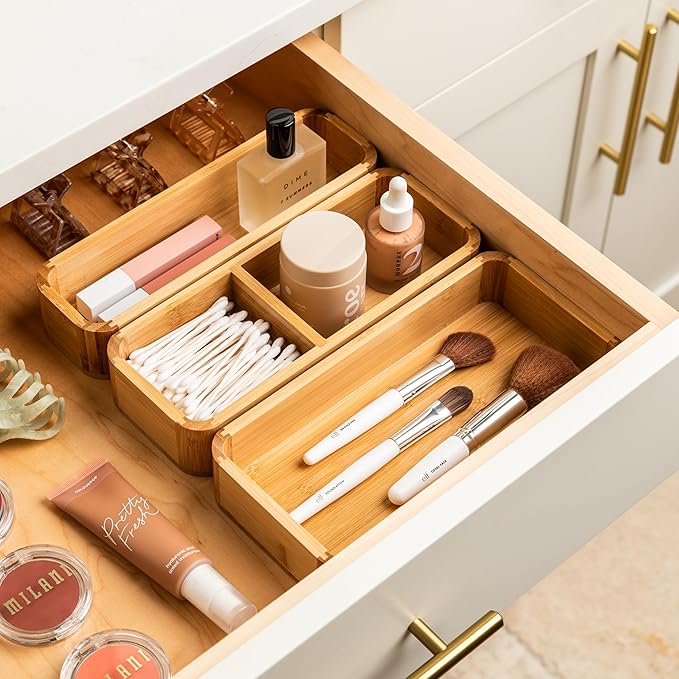 SMIRLY 3-Piece Bamboo Kitchen Drawer Organizer Set for Large and Small Utensils, Multi-use Storage Box - Bathroom, Nightstand, Jewelry, Cutlery, Knife, Spice, Towel, Junk Drawer Tray-Ruum Studio Home