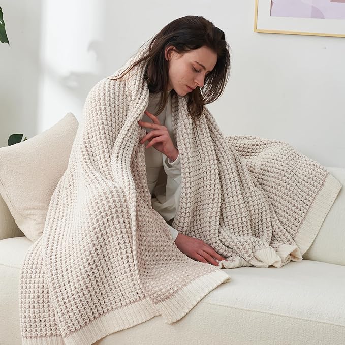 Amélie Home Chenille Waffle Throw Blanket for Couch, Reversible Pineapple Stitch Knit Soft Cozy Knit Blanket Lightweight Warm Decorative Throw for Sofa, Bed, Living Room, 60"x80", Beige&Ivory-Ruum Studio Home