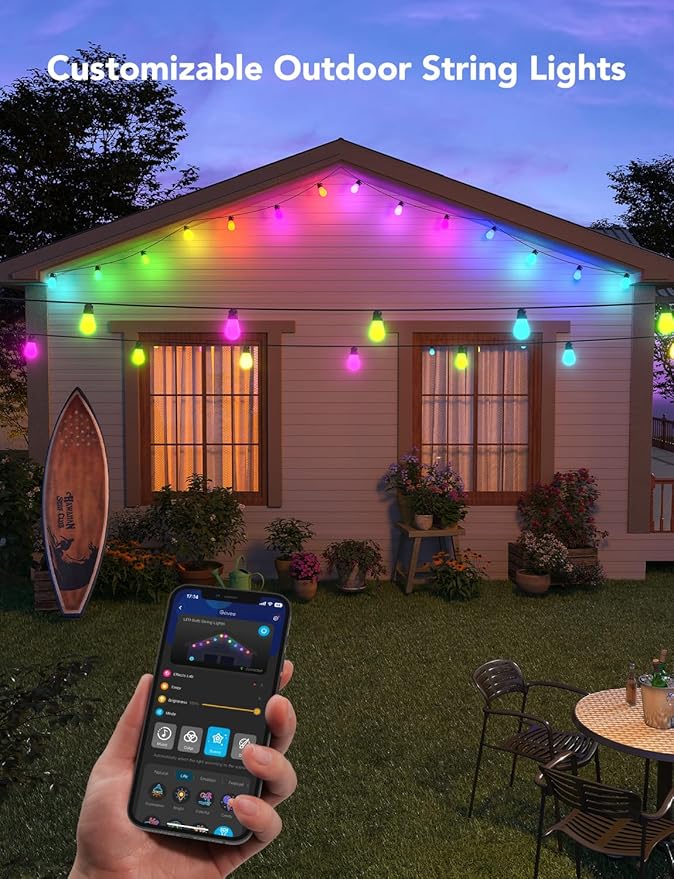 Govee Smart Outdoor String Lights H7015, 48ft RGBIC Outdoor Lights with 15 Dimmable LED Bulbs, IP65 Waterproof, Color Changing Warm White Lights with 47 Scene Modes for Patio, Backyard, App Control-Ruum Studio Home