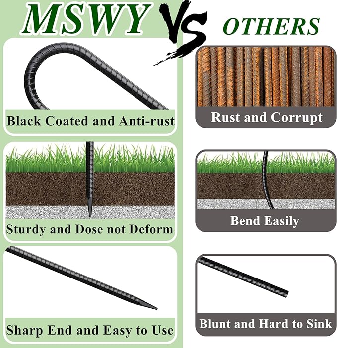 Rebar Stakes 16 Inch 20 Pack J Hook Ground Stakes Heavy Duty Tent Stakes Chain Link Fence Stakes with Chisel Point End Galvanized Steel Ground Anchors Metal Spikes Black Coated-Ruum Studio Home