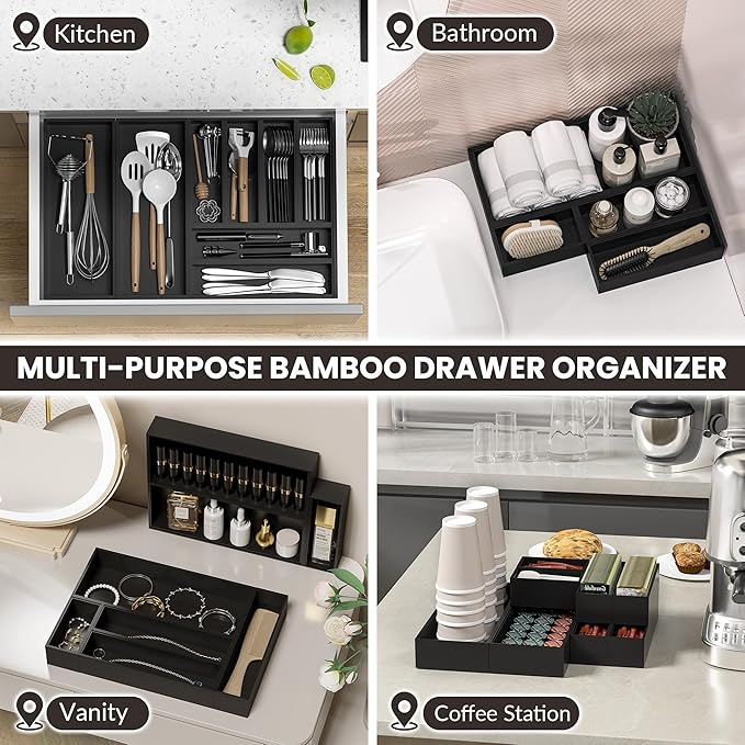 Kitchen Drawer Organizer Bins, Stackable Bamboo Drawer Organizer for Silverware, Flatware, Deep Office Desk Organizer Tray, Desktop Pen, Office Organization Black 9" x 6" x 2.5"(Set of 2)-Ruum Studio Home