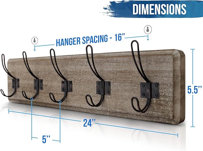 HBCY Creations Weathered Rustic Coat Rack Wall Mount with 5 Hooks, Solid Pine Wood 24 inch Wall Hooks for Entryway, Mudroom, Hallway, Bathroom - Vintage Farmhouse Style Wall Mounted Towel Rack-Ruum Studio Home