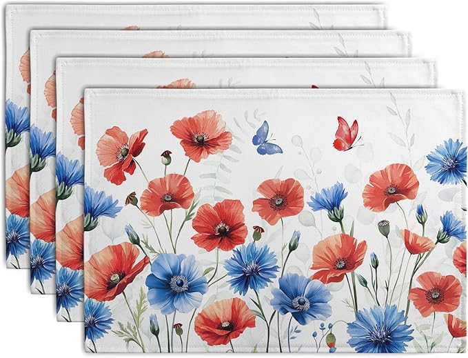 4th of July Floral Placemats Set of 4 Patriotic Summer Red Blue Flowers Linen Fabric Table Mats America Memorial Day Independence Day Place Mats for Party Kitchen Dining Decoration-Ruum Studio Home