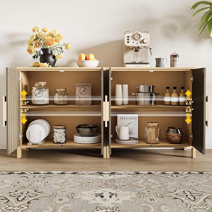 65 Inch TV Stand, Mid Century Modern Entertainment Center with Storage Cabinets & Adjustable Shelves, Media Console TV Credenza for Living Room, Dining Room, Hallway, Walnut-Ruum Studio Home