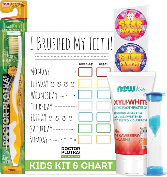 MOUTHWATCHERS Childrens Dental Care Kit: Toothbrush for Kids, 3 oz Strawberry Fluoride Free Toothpaste, Dry Erase Checkboard, Timer, Stickers, Manual Flossing Toothbrushes Gift Set, by Dr. Plotka's-Ruum Studio Home