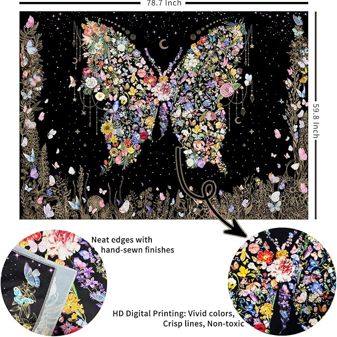 Damanse Butterfly Tapestry Wall Hanging Cute,Boho Wall Tapestry for Bedroom Aesthetic,Flower Living Room Decor for Teen Girls (Black, 59.80" x 78.70")-Ruum Studio Home