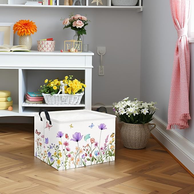 HIYAGON Rectangular Baby Girl Basket Kids Baby Storage Basket Toy Storage Bin Organizer Box Room Decor(Purple Flower)-Ruum Studio Home