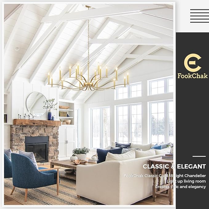 18 Light Gold Living Room Chandelier High Ceiling Foyer Candle Chandelier Large Modern Brass 59in Metal Chandeliers Hanging Light for Master Bedroom Dining Room Light Fixture Over Table-Ruum Studio Home