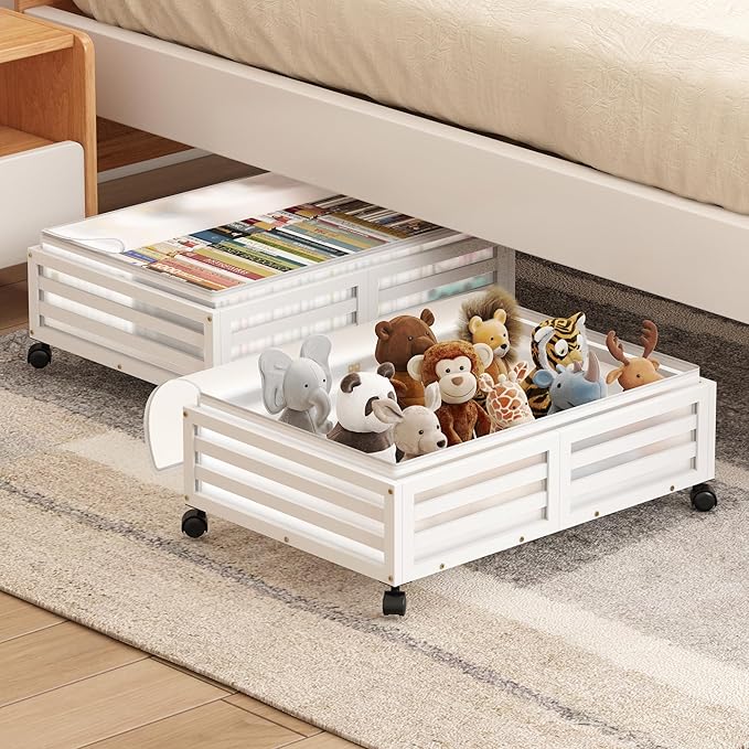 Under Bed Storage Containers With Wheels - 2 Pcs Bamboo Wood Rolling Underbed Shoe Storage Bins With Dust Bags for Clothes Blankets, Duvet Covers Snacks Toys (White)-Ruum Studio Home