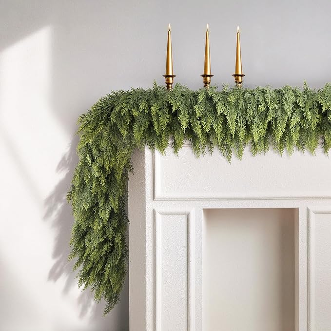 N&T NIETING 9ft Christmas Cedar Garland with Realistic Soft Thickness Pine, Artificial Green Faux Cedar Pine Garland for Fireplace Mantle Fireplace Indoor Outdoor Holiday Party Home Decoration-Ruum Studio Home