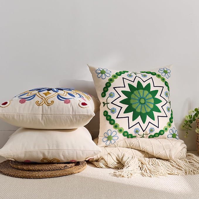Embroidered Throw Pillow Cover 18x18 Classic Boho Floral Pattern Pillows Cover Outdoor Decorative Pillowcase,Durable Cozy Textured Cushion Case for Sofa Couch Bed Living Room,Green-Ruum Studio Home