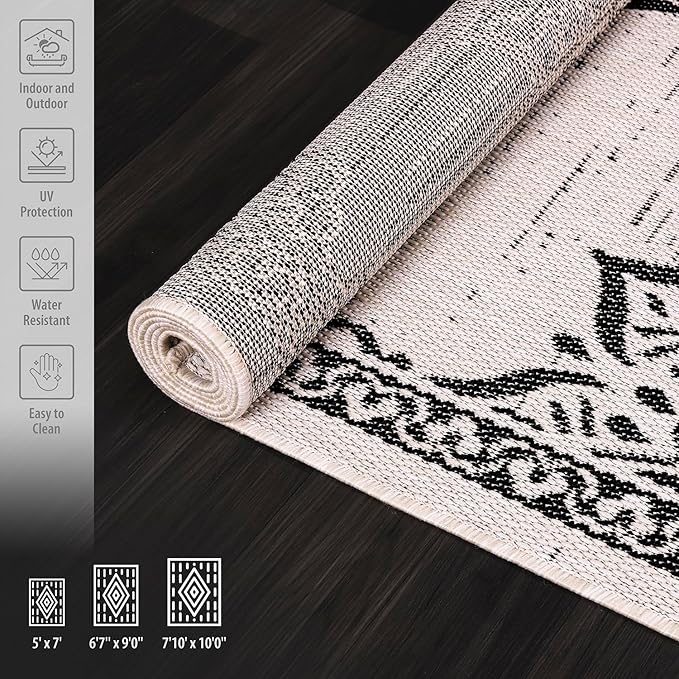 CAMILSON Outdoor Rug, 8x10 Medallion White Black Modern Area Rugs for Indoor and Outdoor Patios, Kitchen and Hallway Mats, Washable Porch Deck Outside Carpet (Medallion White, 8 x 10)-Ruum Studio Home