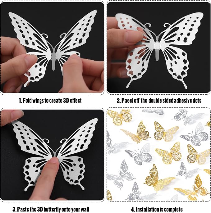 SAOROPEB 3D Butterfly Wall Decor 48 Pcs 4 Styles 3 Sizes, Butterfly Birthday Decorations Party Decorations Cake Decorations Wedding Decor, Removable Stickers (Gold, Silver)-Ruum Studio Home