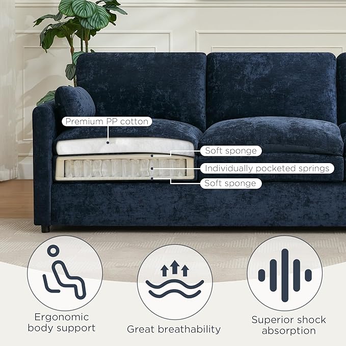 Tbfit Modern Couch Sofa, 89" Cloud Couch w/Pillows, Pocketed Spring Seat, Comfy 3-Seater Plush Foam Cushions, Chenille Fabric Removable Covers, Soft Upholstered Living Room Furniture Home Apartment-Ruum Studio Home