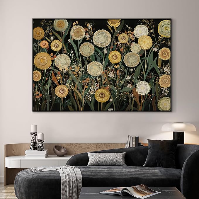 SIGNWIN 46"x72" Extra Large Framed Wall Art Whimsical Dandelion Field in Yellow and Green, Playful Botanical Print for Home Living Room Bedroom Decor (Frame Assembly Required)-Ruum Studio Home