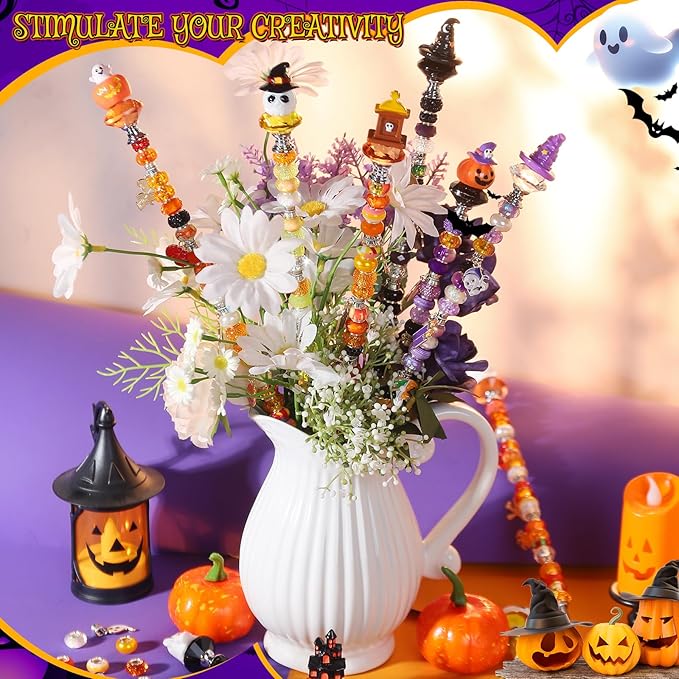 358PCS Halloween Beaded Garden Stakes, DIY Halloween Fairy Wand Garden Stake Decorative Kit with 12 in or 10 in Threaded Rod, Crystal Top, Large Holes Bead, Pendant for Outdoor or Indoor Decoration-Ruum Studio Home