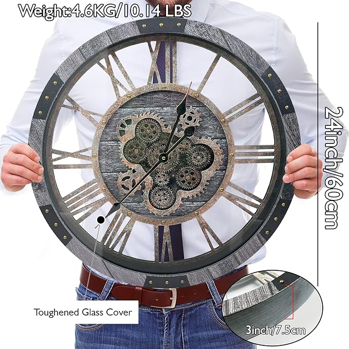 DORBOKER 24" Large Wall Clock with Moving Gears,Oversize Vintage Industrial Rustic Farmhouse Clocks for Living Room Decor Office Home,Solid Wood HD Tempered Glass Cover,Carbon Grey-Ruum Studio Home