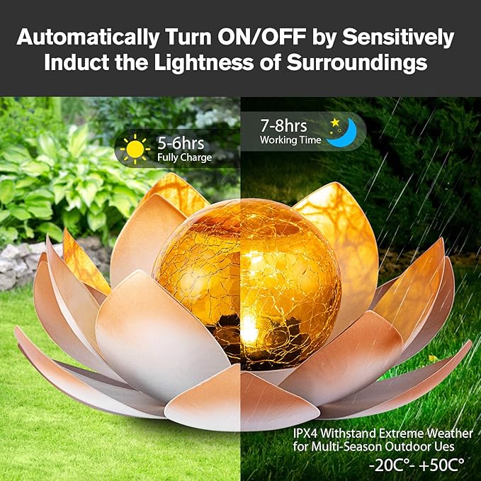 Garden Solar Lights Outdoor(2Pack) , Amber Crackle Globe Glass Lotus Decoration , Waterproof Orange Metal LED Flower Lights for Patio,Lawn,Walkway,Tabletop,Ground, Garden Gifts for Women-Ruum Studio Home